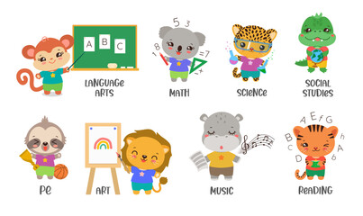 Back to school cute animal set. School subject icons kawaii safari animals. Fun studying elementary subjects. Cartoon clipart for educational projects like web or print.