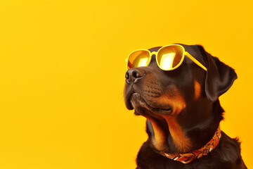 Cool rottweiler in sunglasses looking up on yellow background. Creative funny banner template for summer vacation sale grooming service concept