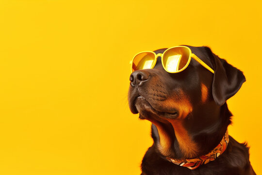 Cool rottweiler in sunglasses looking up on yellow background. Creative funny banner template for summer vacation sale grooming service concept