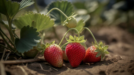 Strawberries close up in a strawberry plantation. AI generation