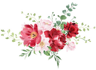 Bouquet of burgundy red and pink flowers, wedding arrangement for invitations. Watercolor flower print.