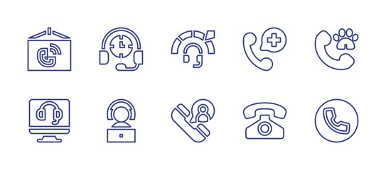 Call center line icon set. Editable stroke. Vector illustration. Containing call center, phone call, positive review, virtual assistant, online support, call, old phone, telephone.