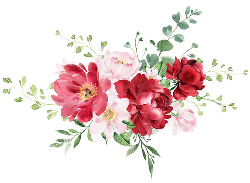 Bouquet of burgundy red and pink flowers, wedding arrangement for invitations. Watercolor flower print.