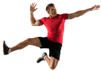 Single caucasian young man exercising handball player