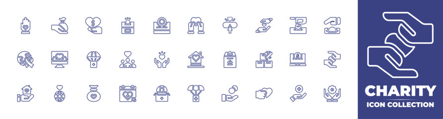 Charity line icon collection. Editable stroke. Vector illustration. Containing hand, donate, heart, money box, donation, give, alms, world, website, box, community, love, lodging, boxes, and more.