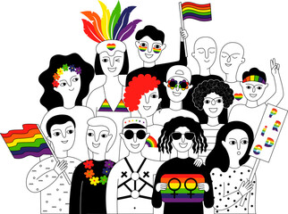 Pride parade. A group of people participating in a Pride parade. LGBT community. LGBTQ. Doodle vector illustration.