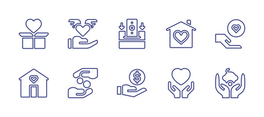 Charity line icon set. Editable stroke. Vector illustration. Containing charity, heart, deposit, house, compassion, baby.