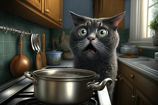 My cat is panicking in the kitchen making dinner funny. Generative AI AIG15.