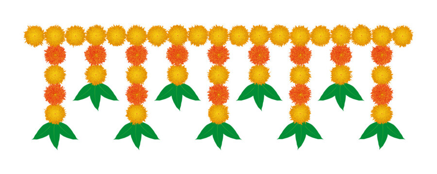 Garland Of Red And Yellow Marigold Flowers And Mango Leaves