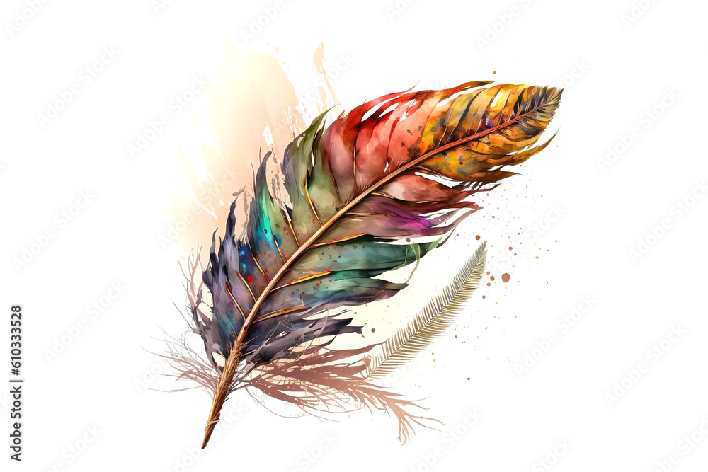 Poster bird feather drawn with multicolored watercolors isolated on white background. generated by ai