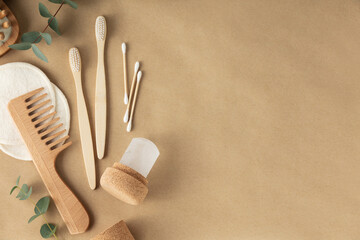Natural cosmetic products, Zero waste, eco friendly bathroom accessories on beige background with leaves shadows