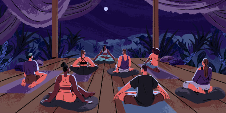 Night retreat and meditation in nature. Wellness vipassana group during relaxation, yoga. People meditating, sitting in asanas on summer holiday, vacation. Peaceful weekend. Flat vector illustration