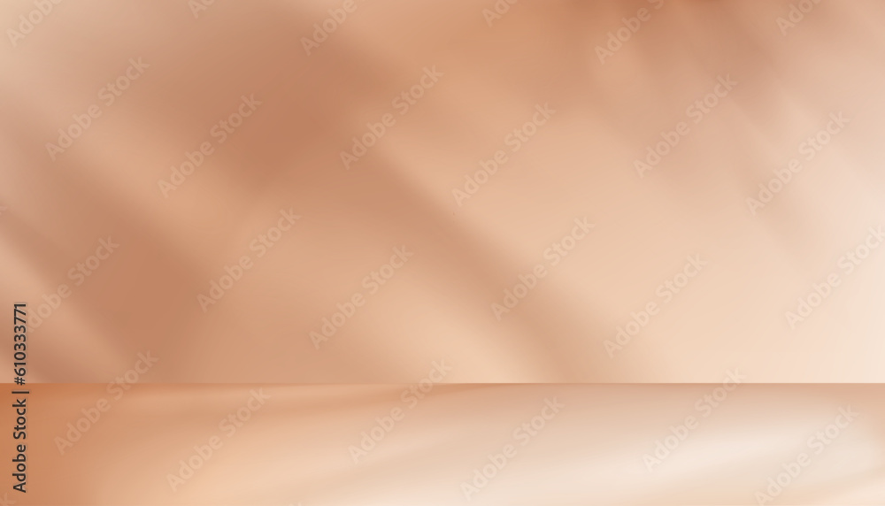 Poster 3d beige studio background display with shadow leaves on cement wall room,transparent soft light for