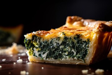 spinach quiche slice with a flaky crust and golden-brown surface