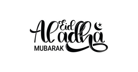 Eid Al Adha Mubarak modern calligraphy text in black color. Feast of the Sacrifice. The holiday occurs after the culmination of the annual Hajj. Great for greeting cards, invitations, and banners
