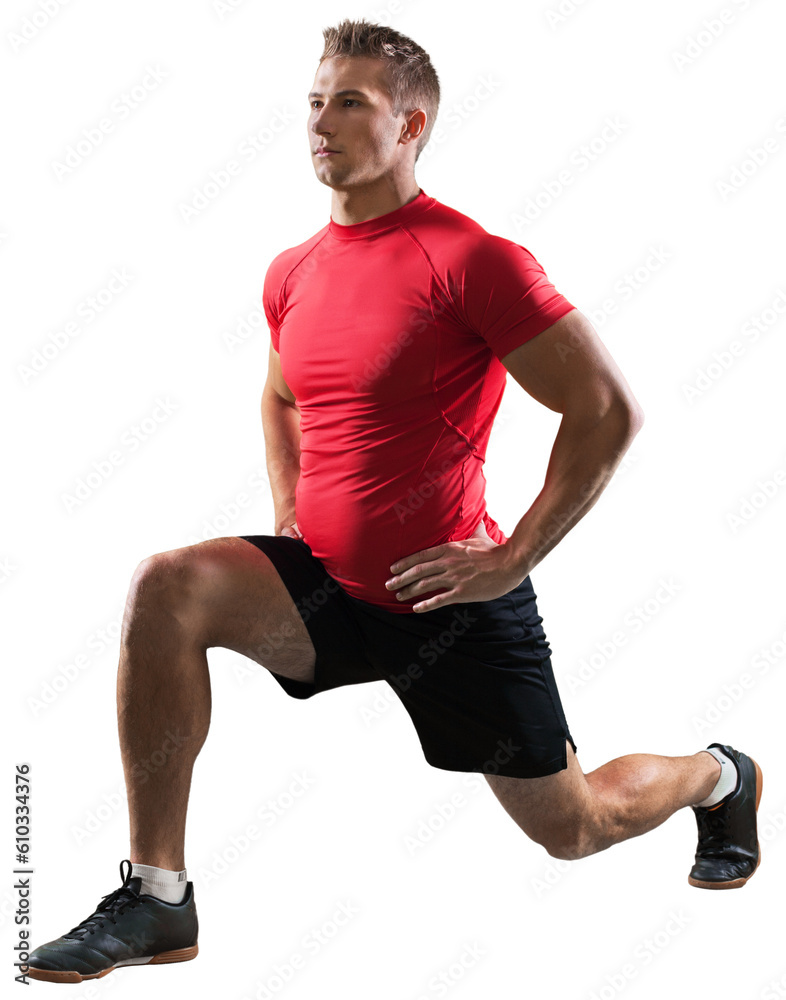 Wall mural young caucasian man exercising fitness workout lunges crouching