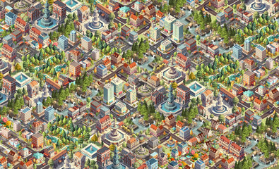 Naklejka premium Big city isometric view with parks, roads, government and apartments buildings, town squares and industrial zones. Illustration made with AI generative