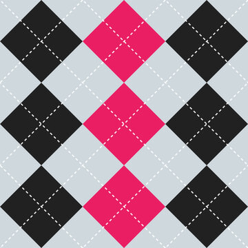 Argyle vector pattern. Argyle pattern. Black and pink color argyle pattern. Seamless geometric pattern for clothing, wrapping paper, backdrop, background, gift card.