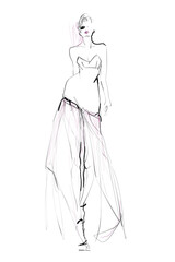 Young woman model in dress. Fashion illustration, sketch. Vector