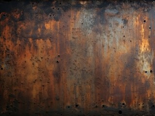 Apokalyptische Ästhetik: Rostige, verwitterte Metallwand in Farbe, dargestellt in dunklem Bronze und Orange, unterstrichen von postapokalyptischen Kulissen und nebliger Atmosphäre, Generative AI