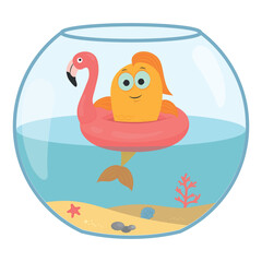 Cartoon vector gold fish illustration isolated on white background. Small yellow funny cute pet. Summer rest. Pink flamingo swimming circle. Coral reef beach. Underwater life. Glass aquarium. Animal