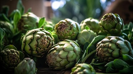 Fototapeta premium artichokes piled together at a local farmer's market, showcasing their unique textures