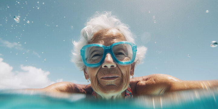 Senior elderly woman swimming in the ocean on snorkel holiday vacation, Close up portrait, Generative AI