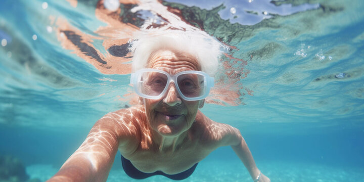 Senior elderly woman swimming in the ocean on snorkel holiday vacation, Close up portrait, Generative AI