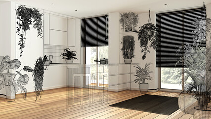Empty white interior with parquet floor, custom architecture design project, black ink sketch,...