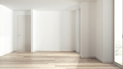 Bleached wooden empty room interior design, open space with parquet floor and white walls, modern contemporary architecture concept idea