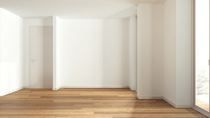 Wooden empty room interior design, open space with parquet floor and white walls, modern contemporary architecture concept idea