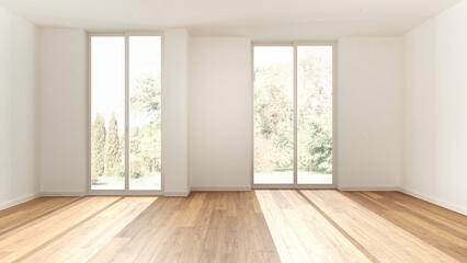 Wooden empty room interior design, open space with parquet floor, panoramic windows, white walls, modern contemporary architecture concept idea