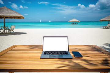 Obraz premium Laptop with transparent screen on top of wooden table on tropical island beach, remote work concept, Generative AI