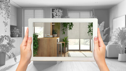 Augmented reality concept. Woman hands holding tablet with AR application used to simulate furniture and design products in white background, urban jungle kitchen and living room