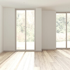 Fototapeta premium Bleached wooden empty room interior design, open space with parquet floor, panoramic windows, white walls, modern contemporary architecture concept idea