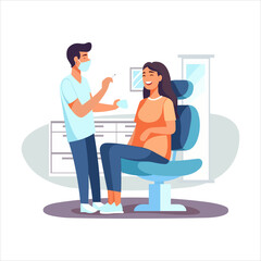 The dentist examines the patient. The dentist treats the patient's teeth. The patient is sitting in the dentist's chair. The concept of dentistry and healthcare. Vector flat cartoon.