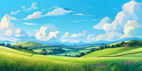 Summer fields, hills landscape, green grass, blue sky with clouds, flat style cartoon painting illustration. Generative AI.