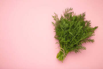 Bunch of dill on pink background with space for text. Top view. Food for vegetarians