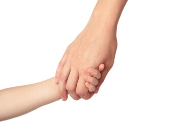 Mother holding daughter hand isolated on white background.