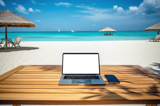 Laptop with transparent screen on top of wooden table on tropical island beach, remote work concept, Generative AI