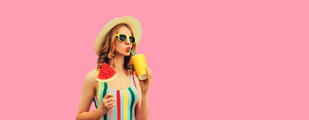 Summer colorful portrait of beautiful young woman drinking juice with lollipop or ice cream shaped...