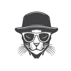 Cool Cat with Glasses and Hat, Stylish Pet, Hipster Animal, Hand Drawn Sketch Imitation Cat Portrait