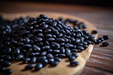 black beans piled up on a wooden surface