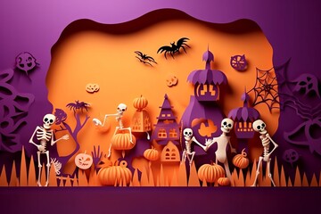 Invitation card for an Halloween party and a background in the style of a paper cut. Halloween Festivals Concepts. Generative Ai.