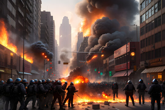 Riots in the city. Protest actions. Arson and fires. Destruction. Anarchy. Riots in the city. Protest actions. Arson and fires. Destruction. Anarchy. Police and firemen. generative AI