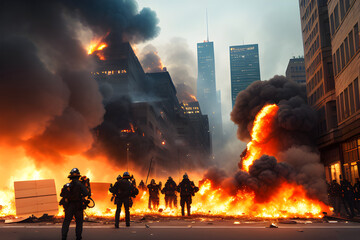 Riots in the city. Protest actions. Arson and fires. Destruction. Anarchy. Riots in the city. Protest actions. Arson and fires. Destruction. Anarchy. Police and firemen. generative AI. generative AI
