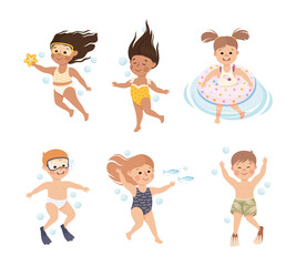 Little Children Swimming with Rubber Ring in Water Vector Set