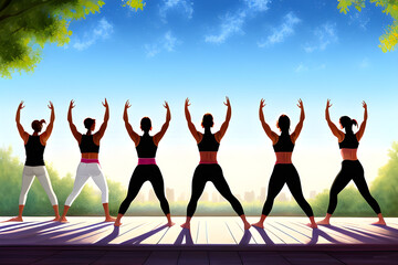 Group yoga class in the city park. Healthy lifestyle. Yoga outdoors. generative AI