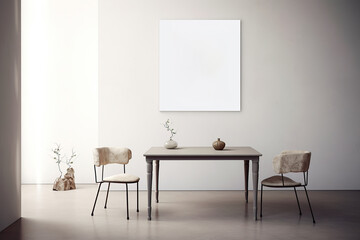 Fototapeta na wymiar A table in front of a wall with a frame on it. Minimalistic interior design composition. Generative AI