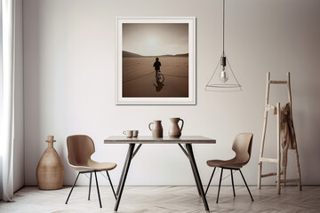 A table in front of a wall with a frame on it. Minimalistic interior design composition. Generative AI